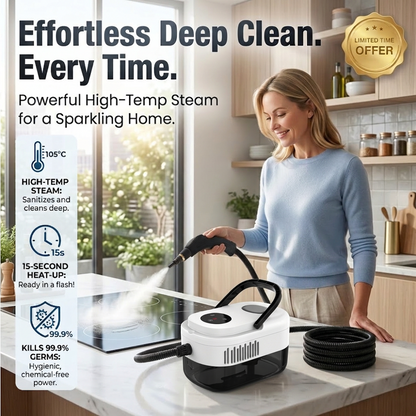 🥳2026 HOT SALE🥳💞50K+ SOLD!📢⏰ 50% OFF! High‑Temp Steam Cleaner – 105°C steam, 15s heat‑up. Kills 99.9% germs, no chemicals. 6 levels, large 1100ml tank. Multi‑surface magic! 🔥✨