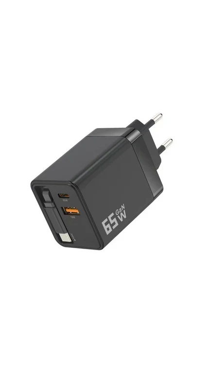 3-in-1 GaN Charger, 80W MAX scalable fast charging module with Type-C cable and 2 USB ports