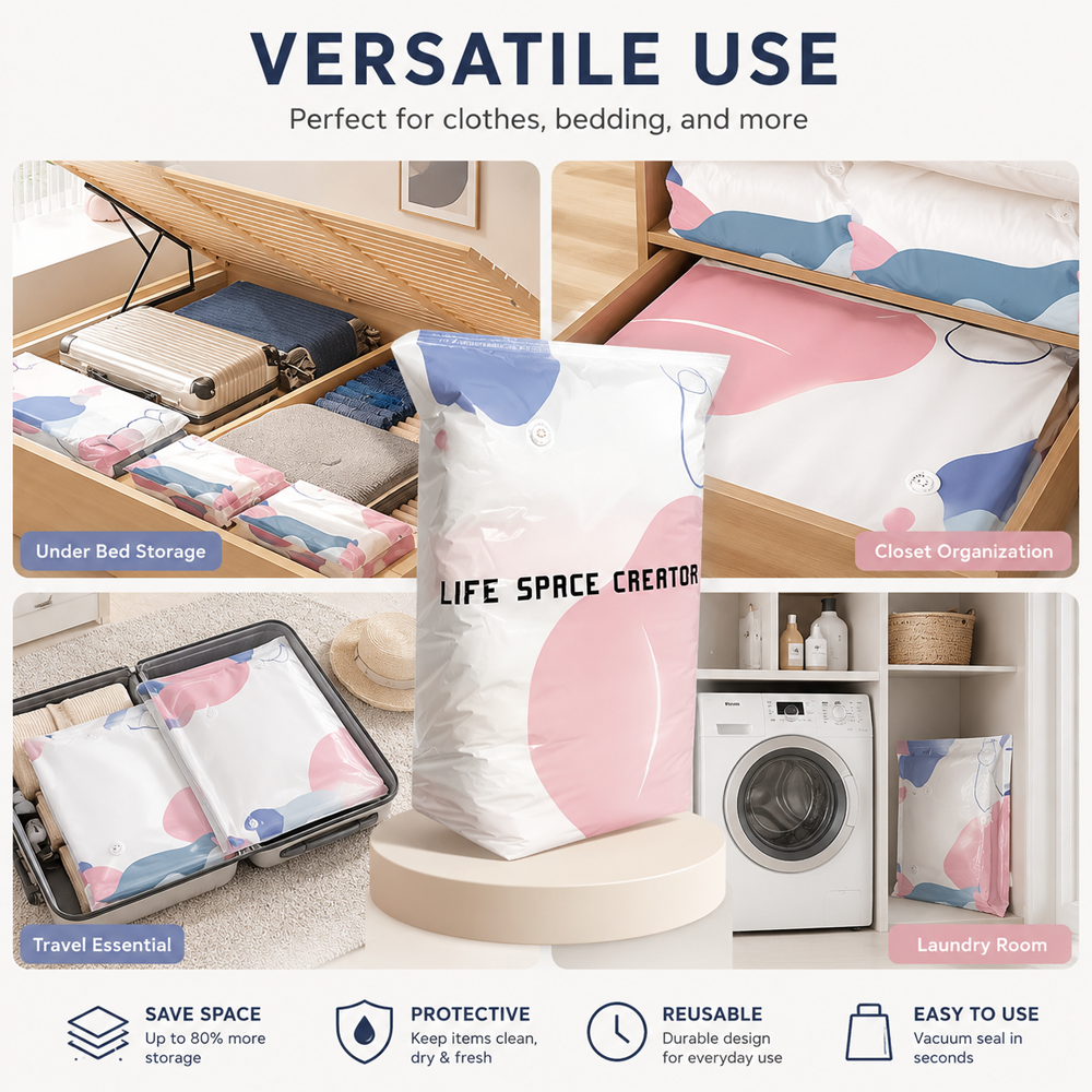 🧳💨 40% OFF! ✨️Hjmeta®No‑Pump Vacuum Storage Bags – Press & seal, no pump needed. Saves 80% space, keeps clothes dry & dust‑free. Perfect for bulky bedding & off‑season gear. 🛏️🗄️