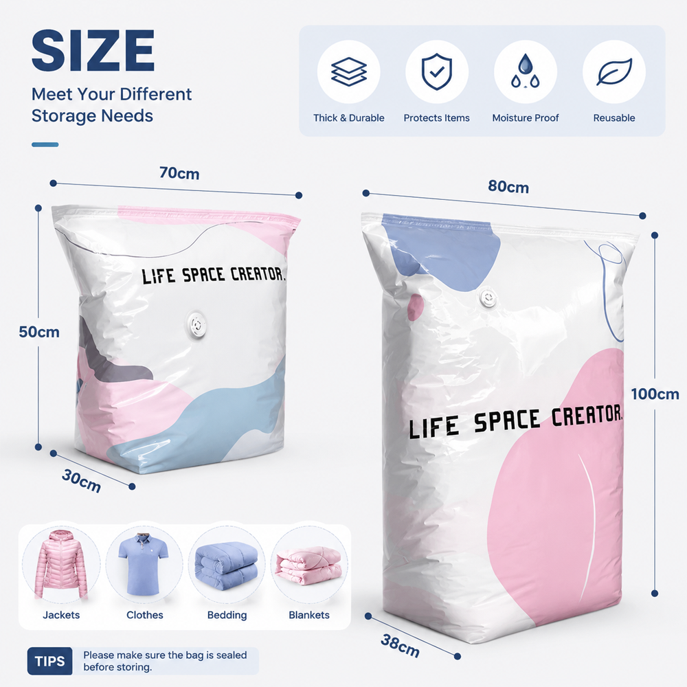🧳💨 40% OFF! ✨️Hjmeta®No‑Pump Vacuum Storage Bags – Press & seal, no pump needed. Saves 80% space, keeps clothes dry & dust‑free. Perfect for bulky bedding & off‑season gear. 🛏️🗄️