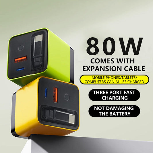 3-in-1 GaN Charger, 80W MAX scalable fast charging module with Type-C cable and 2 USB ports