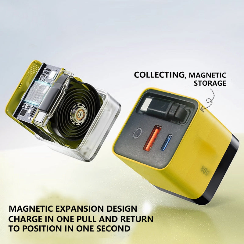 3-in-1 GaN Charger, 80W MAX scalable fast charging module with Type-C cable and 2 USB ports