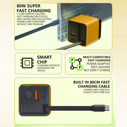 3-in-1 GaN Charger, 80W MAX scalable fast charging module with Type-C cable and 2 USB ports